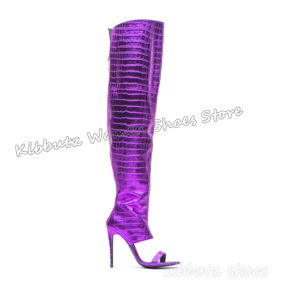 Sandal Boots Over The Knee Leather Solid Color Back Zippers Round Toe Thin Heel Fashion Elegant Concise Sexy Novelty Women Shoes