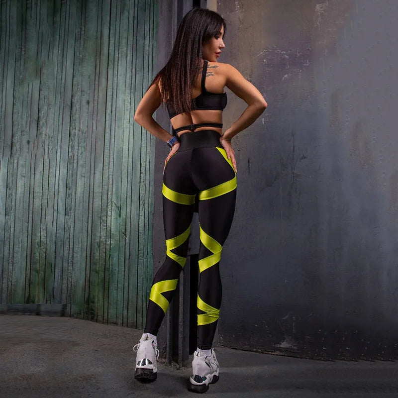 Women's Sexy Split-Joint Mesh Lace-Up Bra & High Waist Leggings Sport Suit 2025 New Summer Two Pieces Set For Cool Girl
