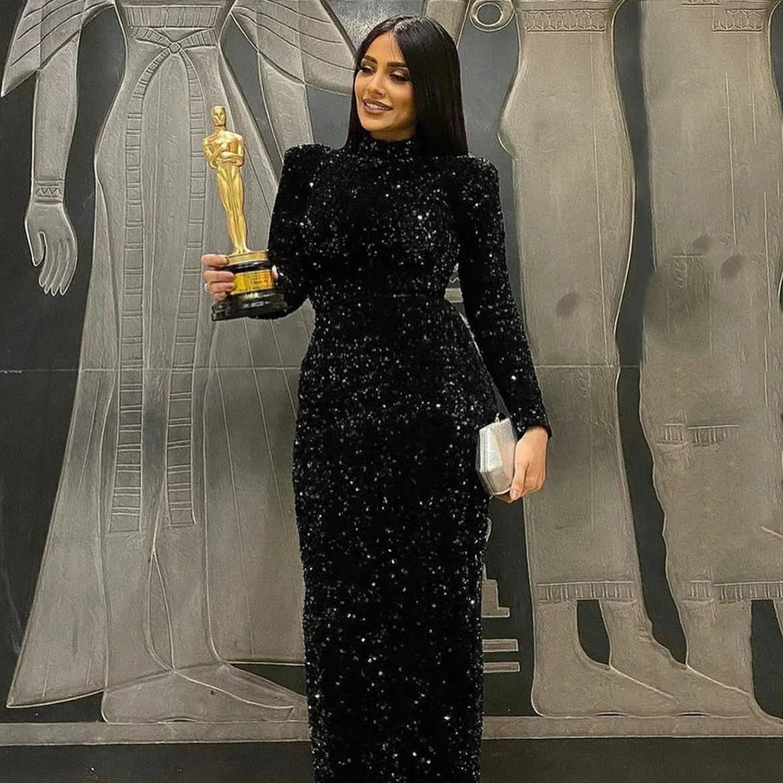 Customized And Color High Neck Black Velvet Sequined Muslim Evening Dresses Sheath Robe De Mariée Wedding Party Gown For Women