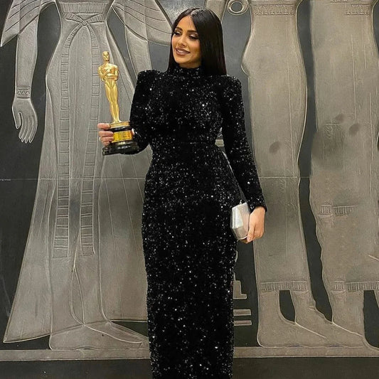 Customized And Color High Neck Black Velvet Sequined Muslim Evening Dresses Sheath Robe De Mariée Wedding Party Gown For Women