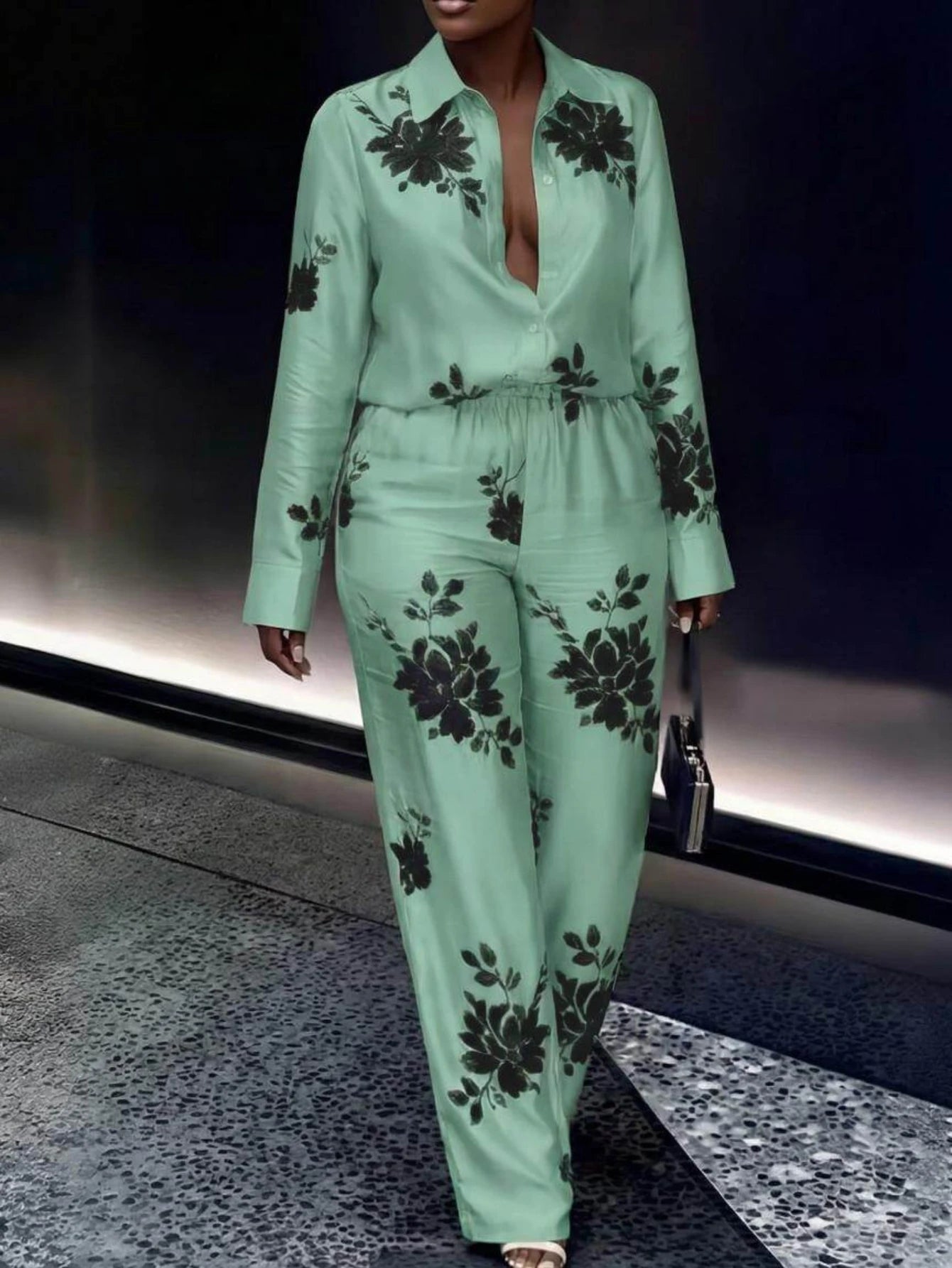 Women's Collar Long Sleeve Printed Shirt Top Wide Leg Long Pants Set For Leisure Vacation Daily Casual Fashion Occasions