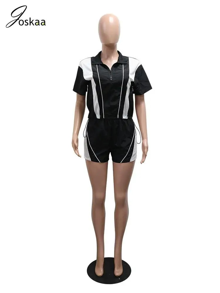Joskaa 2025 Summer Women's Sporty 2 Piece Set Casual Patchwork Short Sleeve Top and Shorts Matching Tracksuits Y2K Streetwear