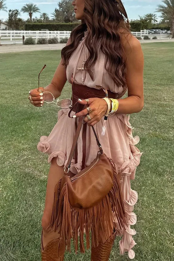 Women Spring Summer New Ruffle Edge Sleeveless Tank Top & Skirt Set Chiffon Fashion Solid Color