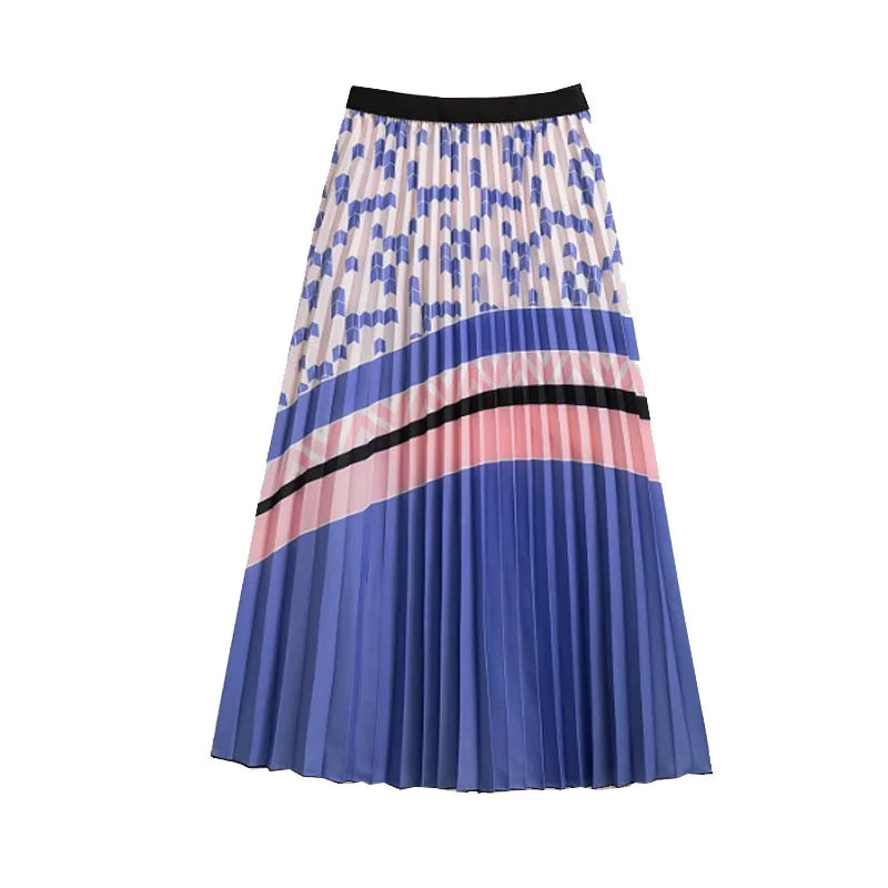 Casual Floral Midi Pleated Skirt For Women Fashion Printed Flower A Line Elastic High Waist Mid-length Skirt Female Ladies falda