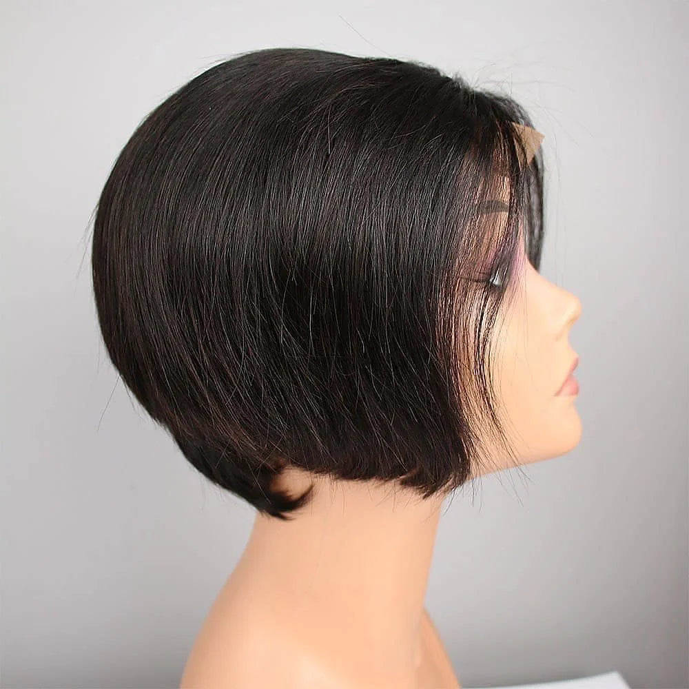Natural Color Side Part BOB Lace Wig Pixie Cut Wigs For Women Remy Straight Human Hair Transparent T Part Gluess Lace Bob Wig