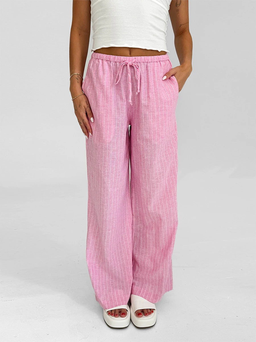 Women Loose Pants Stripe Micro-Sheer Drawstring Elastic Waist Trousers Spring Fall Casual Sweatpants Bottoms