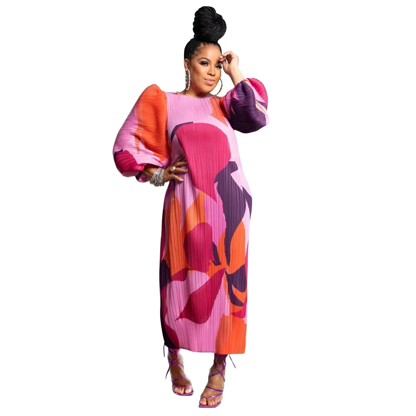 Lantern sleeve pleated dress