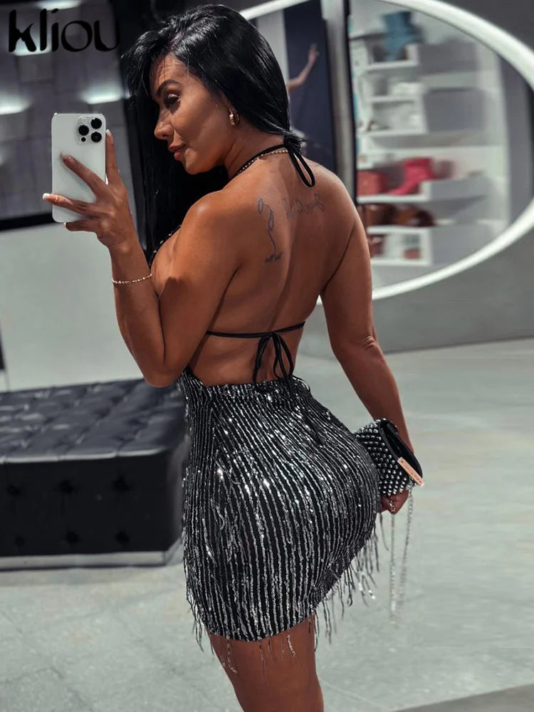 Shiny Tassel Halter Backless Mini Party Dress for Women