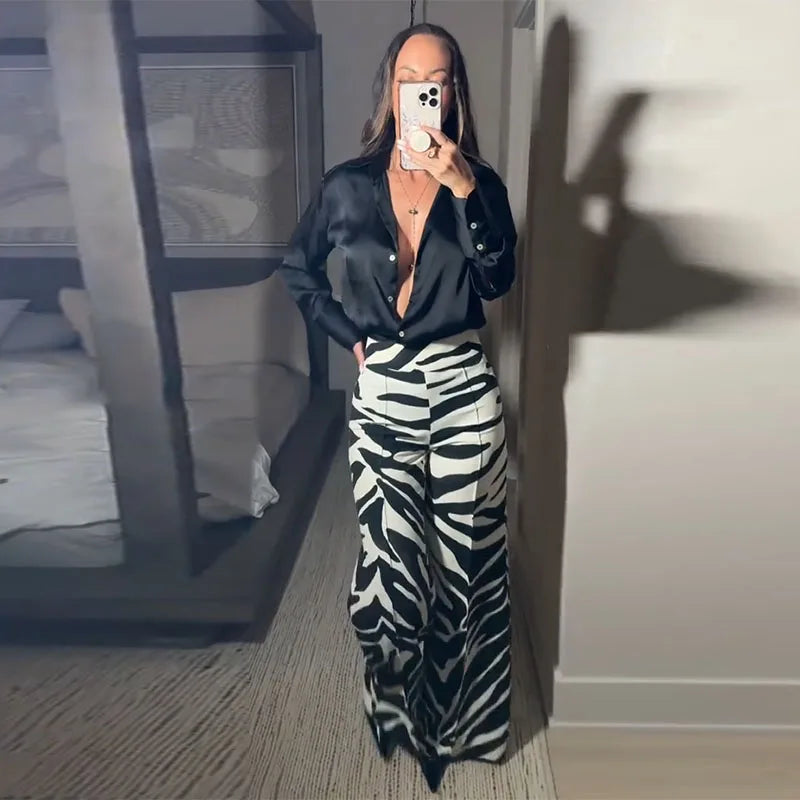 Zebra Print Wide Leg Women Pants High Waisted Stretch Fit 2025 Autumn Fashion Elegant Casual Bottoms Office Chic Lady Trousers
