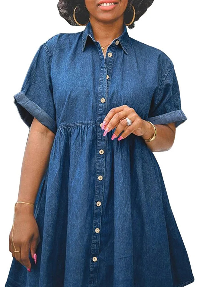 Wmstar Plus Size Denim Dresses Women Elegant Casual Loose Short Sleeve Summer Midi Dress Wholesale Dropshipping New Style