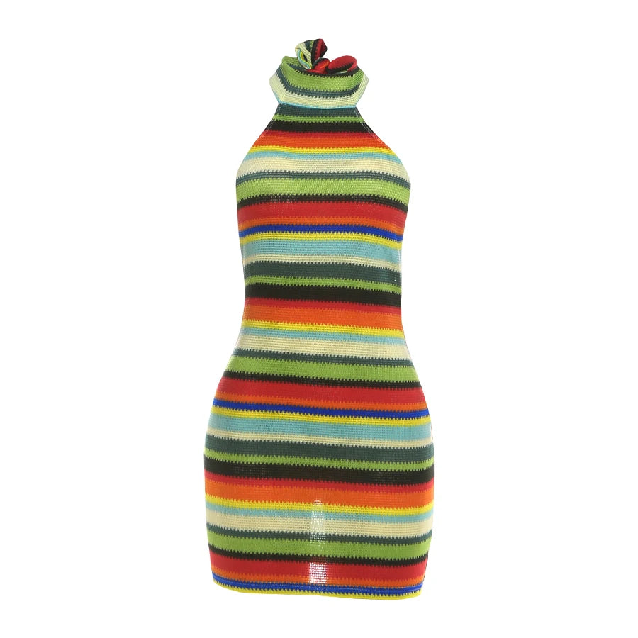 Striped Halter Backless Bodycon Mini Dress for Women