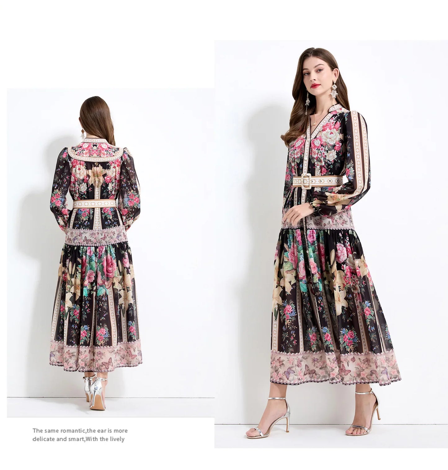 Elegant French Vintage Dress Women's High Waist Belted Print Court Style Long Dress Classy Sensation Skirt Fashionable Gown
