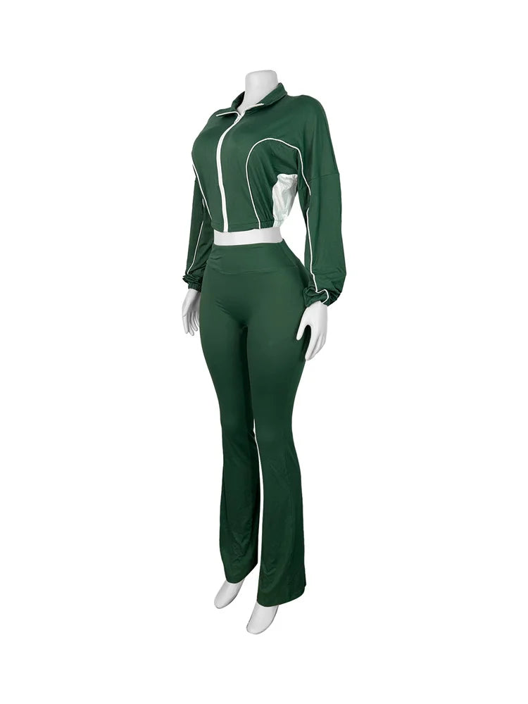 Weird Puss Casual 2 Piece Set Women Tracksuit Patchwork Full Sleeve Zip Elastic Hem Crop Jacket+Flared Pants Sporty Streetwear