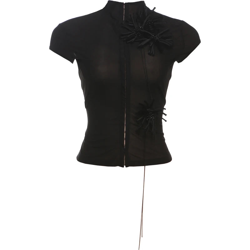 Weird Puss Tassel Applique Crop Tops Women Single-Breasted Half-High Neck Tassel Midnight Hottie Versatile Street Skinny T-Shirt