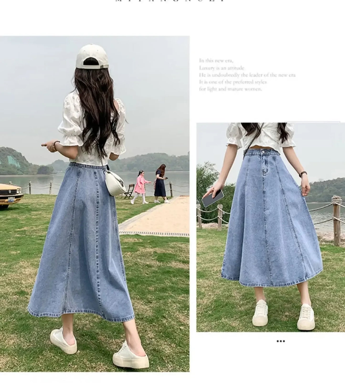 Fashionable Spring Medium-Length High-Waisted Jeans Long Dress Women's Elastic Waist A- Line Skirt Umbrella Skirt