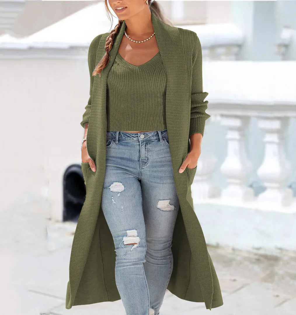 Women's Solid Color Cardigan Knitted Sweater 2Pcs/Set Commuting Winter Vest Overcoat Set Women Loose Elastic Cardigan Coat Warm