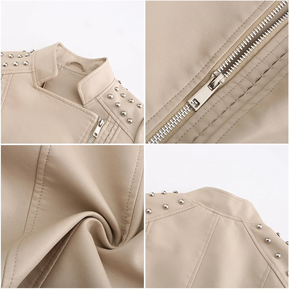 Women's Punk Rivet Leather Jacket Spring Autumn Retro Turndown Collar Slim Casual Ladies Faux Soft Leather Moto Biker Outerwear