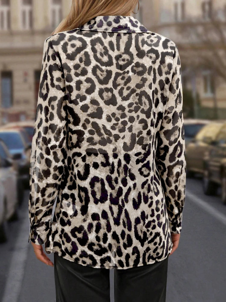 Ladies Fashionable Leopard Print Long Sleeve Casual Shirt Spring Summer Elegant Style Casure Top for Women