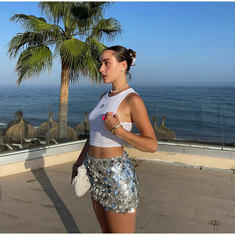 Y2k Sparkle Glitter Sequin Women's Mini Skirts High Waist Sequin Short Skirt Female 2025 Spring Summer Fashion Club Party Wears