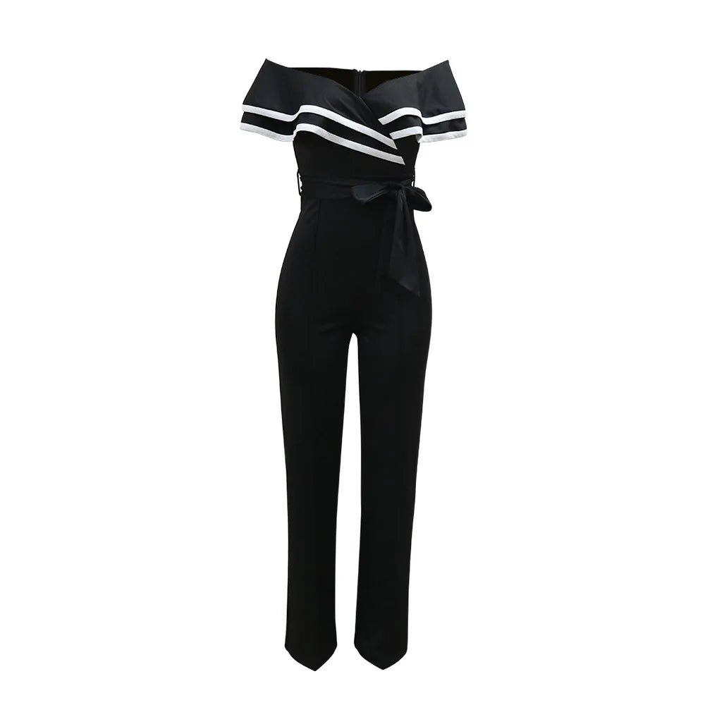 CM.YAYA Women V-neck Off Shoulder Ruffles Wide Leg Jumpsuits 2024 Summer Fashion Sexy Party Playsuit One Piece Suit Rompers