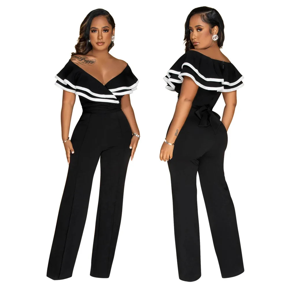 CM.YAYA Women V-neck Off Shoulder Ruffles Wide Leg Jumpsuits 2024 Summer Fashion Sexy Party Playsuit One Piece Suit Rompers