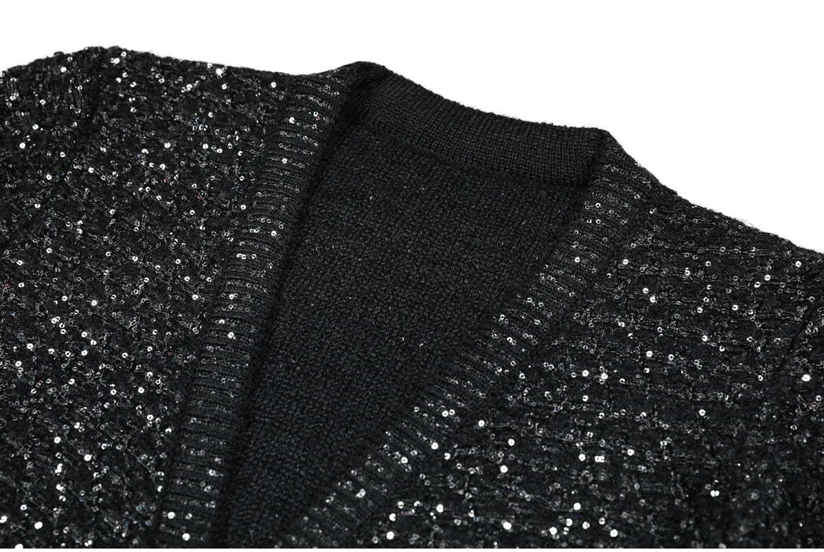 2025 Spring and Autumn New High-end Fashion Long-sleeved Sequined Knitted Cardigan Elegant Commuter V-neck Cardigan Top Jacket