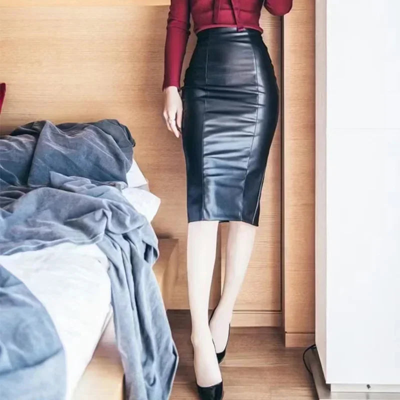 Women Sexy Matte Leather Bodycon Skirt High Waist PU Stretch Slim Midi Skirt Back Hem Split Ladies Wrap Hip Pencil Skirt Custom