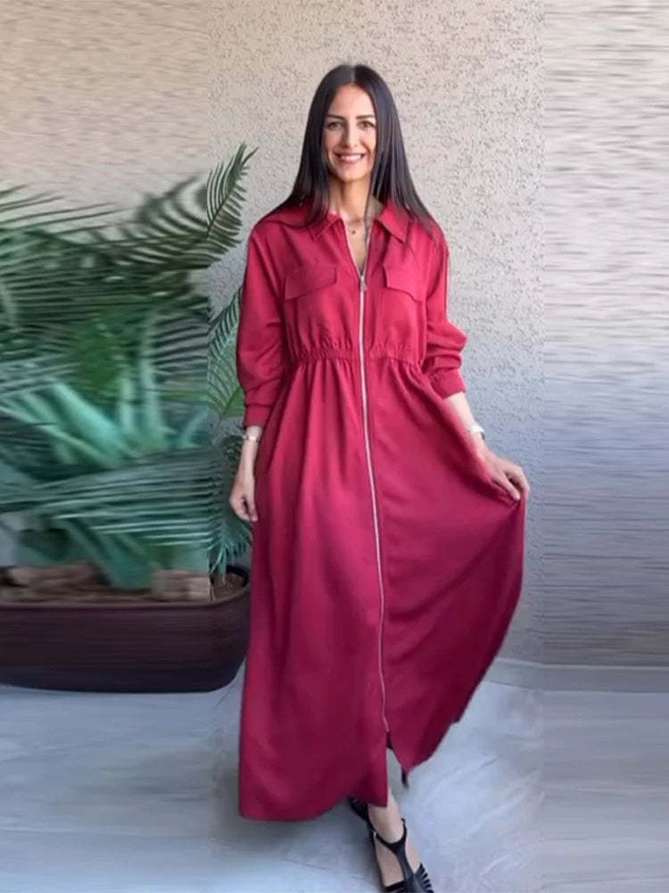 Women's Fashion Zipper Waist Long Dress Casual Solid Laple Full Sleeve A-line Long Robe Lady 2025 Autumn Chic Loose Streetwear