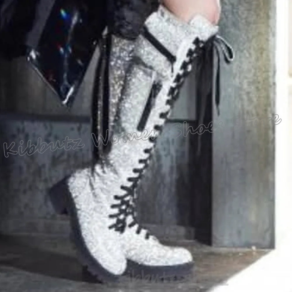 Knee High Boots Bling Glossy Pocket Zipper Lace-Up Round Toe Chunky Heels Fashion Punk Rock Gothic Novelty Sexy Women Shoes New