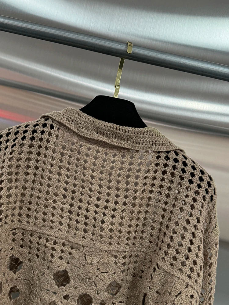 VGH Hollow Out Solid Sheer Short Shirts For Women Lapel Lantern Sleeve Minimalist Casual Loose Pullover Blouses Female Fashion