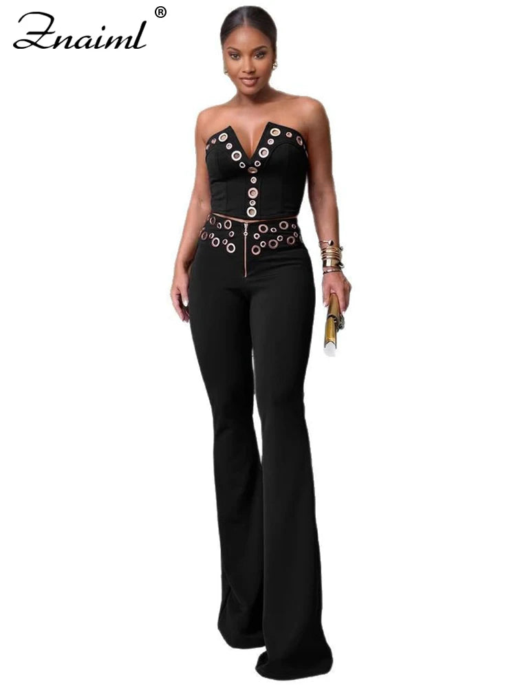 Znaiml Off Shoulder V Neck Strapless Crop Tops and Wide Leg Pants Women 2 Pieces Matching Sets Elegant Birthday Party Outfits