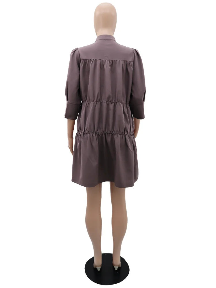 Wmstar Elegant Women Summer Solid Color Short Dress Fashion Long Sleeve High Neck High Waist Clothes Party Casual Mini Dresses