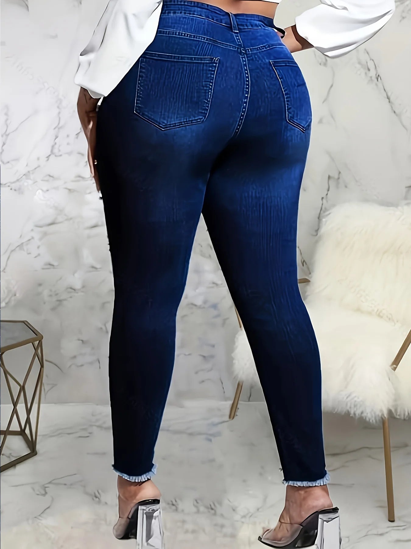 Mid-waist fashionable sequin and diamond embroidered with deep blue denim pencil pants, ladies' skinny jeans, suitable for all s