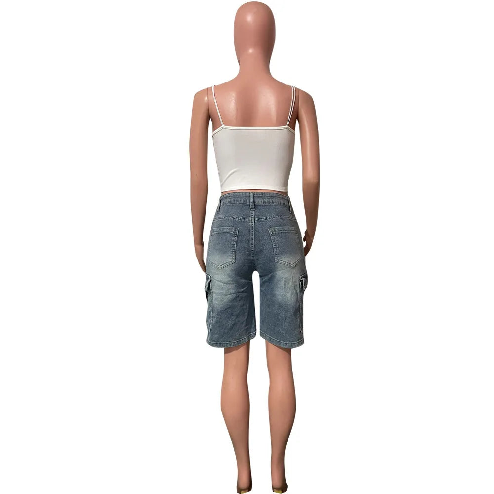 FAGADOER Y2K Sexy Bodycon Denim Pants Women Solid Color Cargo Pocket Patchwork Jeans Female Streetwear Bottoms 2025 Summer New