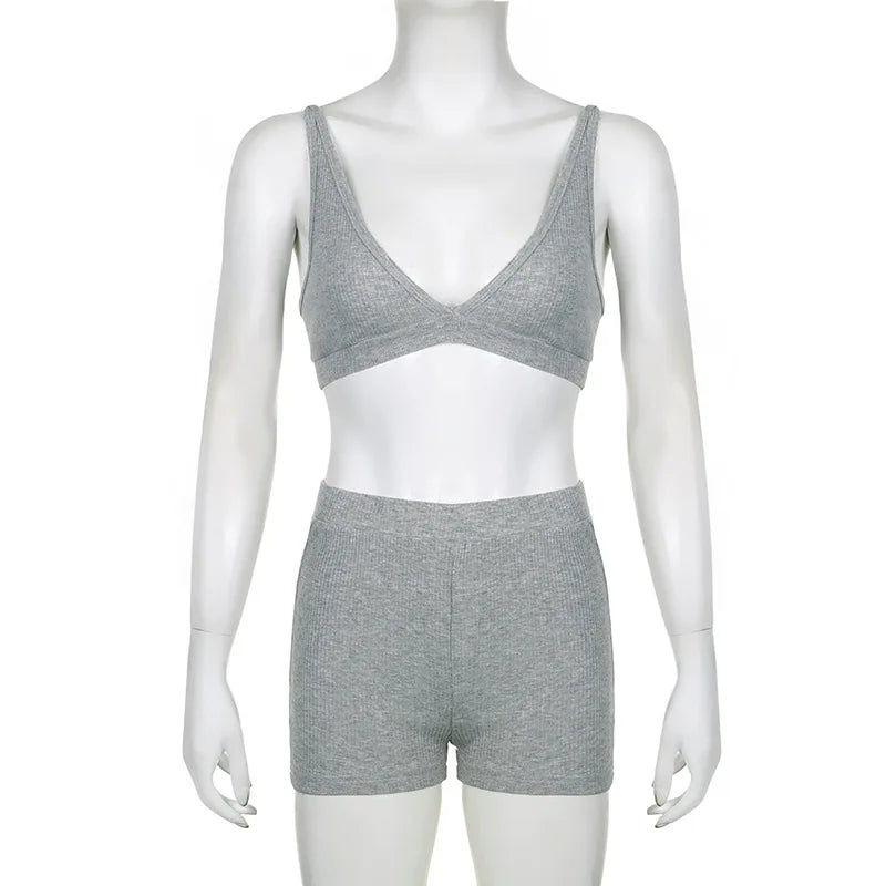 Ribbed Solid Color Three Pieces Sporty Suit Bra & Shorts and Lantern Sleeve Hooded Sweatshirt Coat Casual Suit