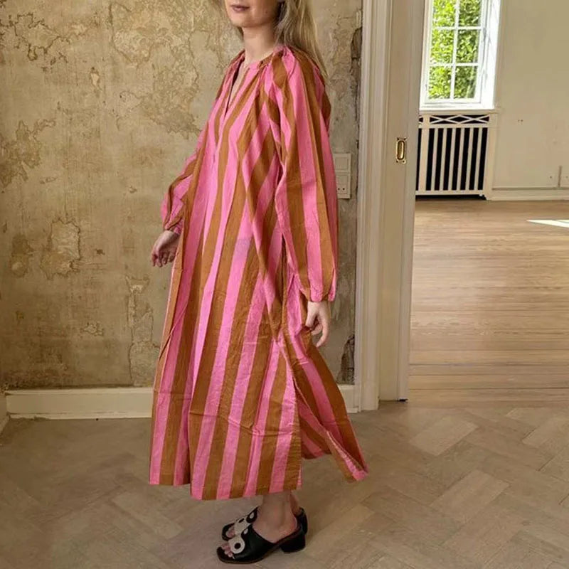 Elegant Striped V Neck Long Sleeve Maxi Dress for Women