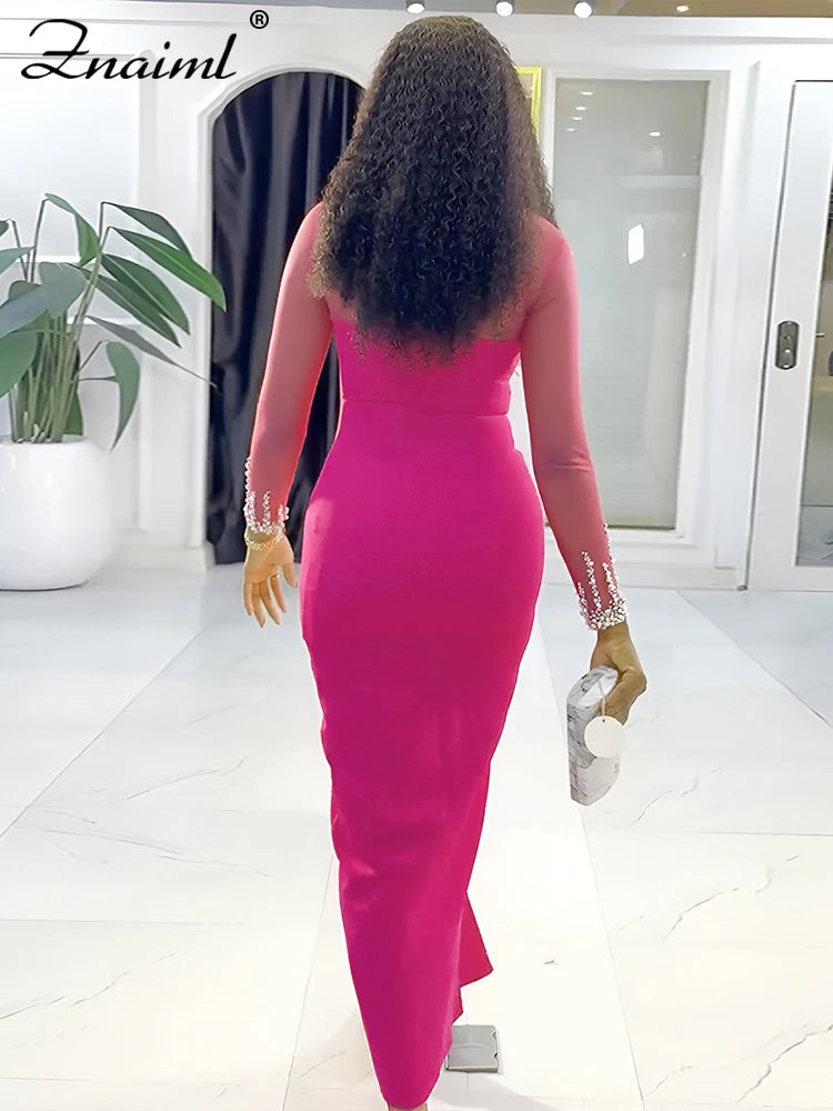 Znaiml Luxury Rhinestones Mesh Patchwork O-neck Pink Dress Women Sleeve Long High Split Birthday Party Evening Night Club Robe