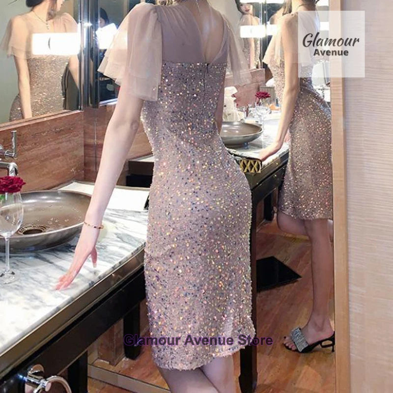 French style waist cinching sparkling pearl mesh sleeve dress for women in spring and summer fashion, slimming mid length skirt