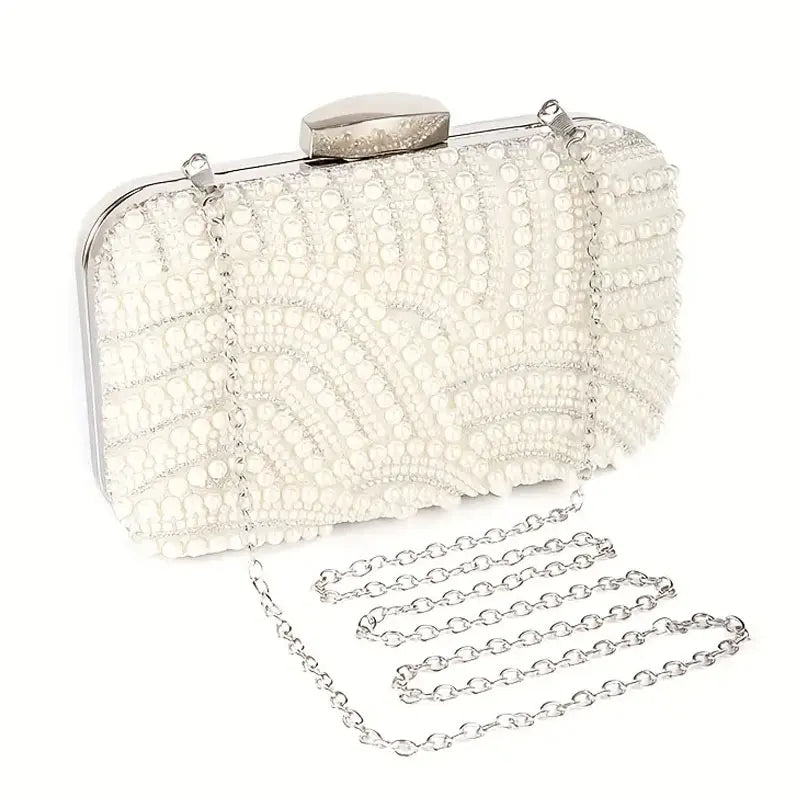 Ladies Pearl Elegant Evening Bag Fashionable Stylish Beading Wedding Dinner Party Banquet Dress Clutch Bag with Long Chain