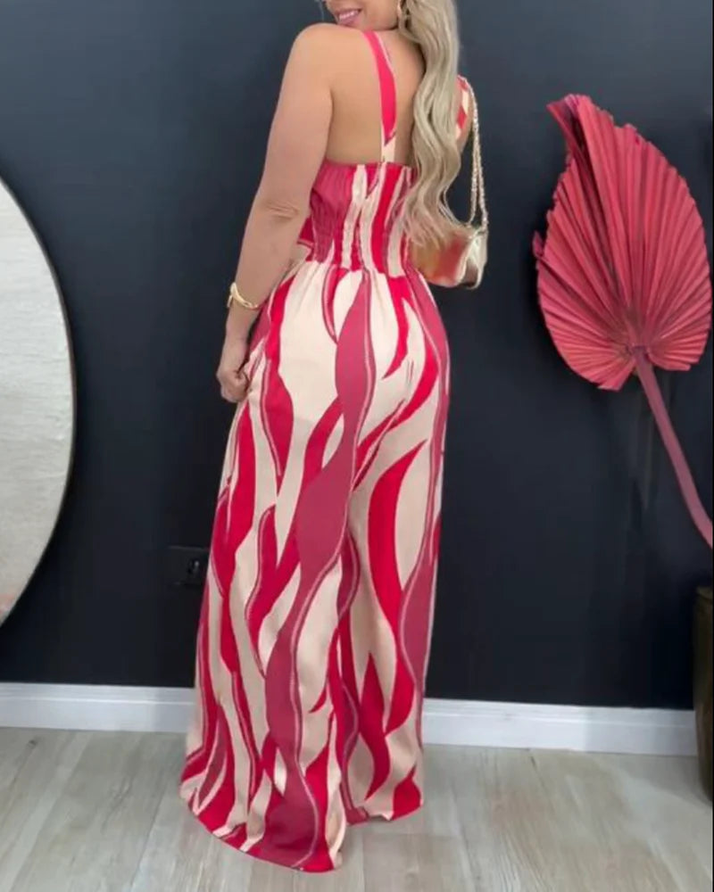 Women Geometric Print Casual Thick Strap Shirred Wide Leg Jumpsuits Femme V-Neck Sleeveless Overalls With Pockets Party Outfits
