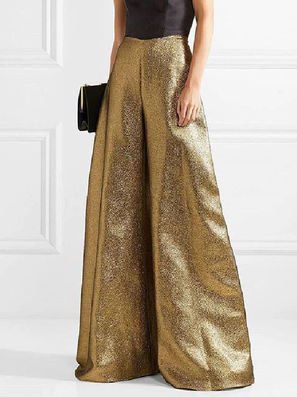 Women's Stylish Party Wear Pants Solid Gold High Waist A-line Wide Leg Pants Zippered Full-length Trousers Casual Pants