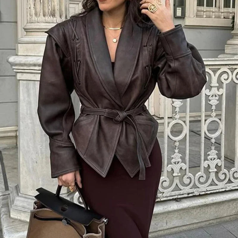Women Leather Bomber Jackets Coats With Belt Notched Shoulder Pads Motorcycle Street Chic Short Outwear Fashion Solid Lace Up