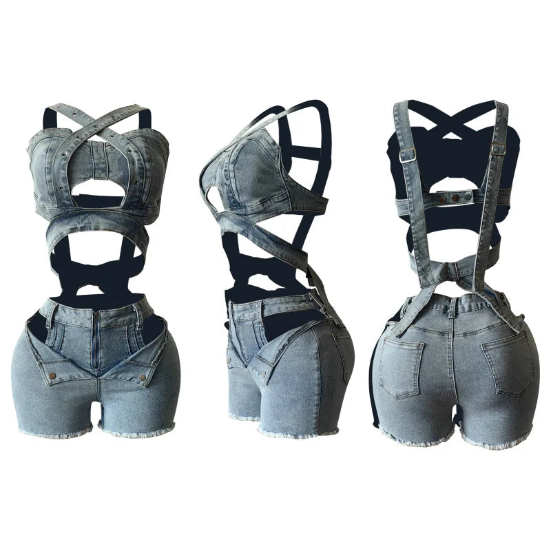 CM.YAYA Sexy Holiday Denim Women's Set Halter Neck Crop Tops and Ripped Out Shorts Jeans 2025 Summer Two 2 Piece Sets Outfit
