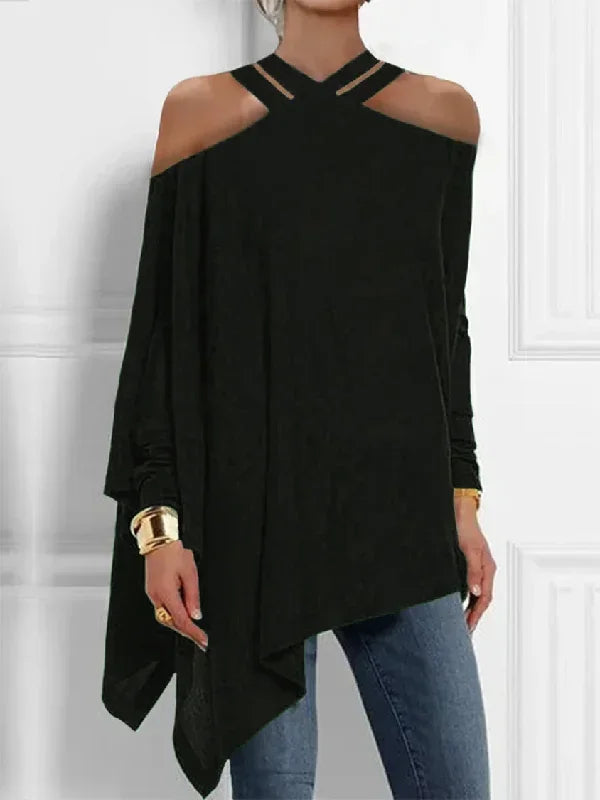 Women's Minimalist Daily Tops Hollowed Cold Shoulder Halter Long Sleeve Loose Pleated Shirt Elegant Asymmetric Blouse