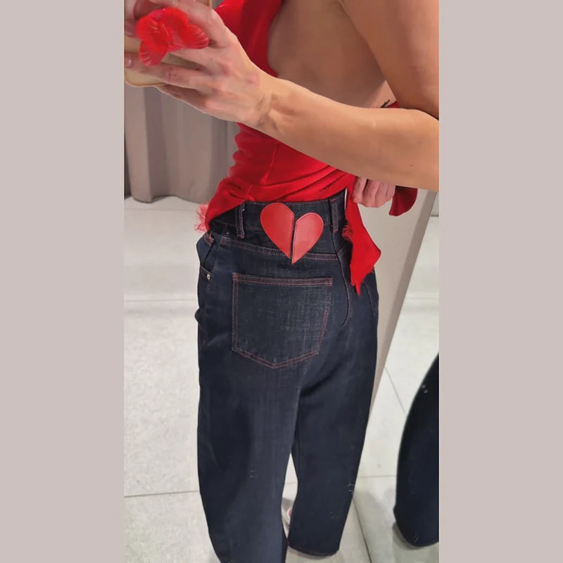 Chic Heart Print Denim Coat and Pants Set for Women
