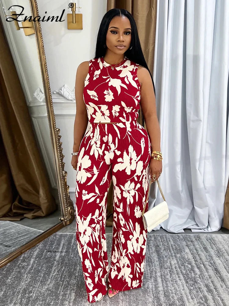 Znaiml Elegant Vacation Flowers Print O-Neck Tank Tops and Straight Wide Leg Pants 2 Pieces Women Sets Summer Birthday Outfits