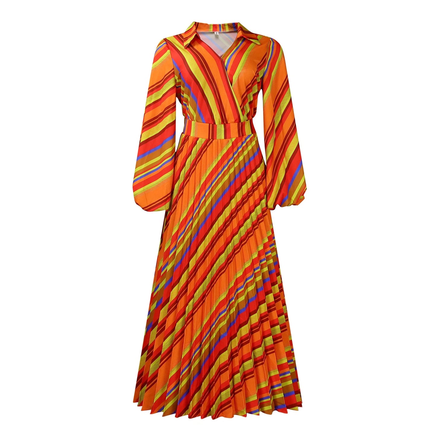 Elegant Office Dresses for Women Striped Printed V Neck Full Sleeve High Waisted Pleated Mid Calf Professional Work Dress Midi