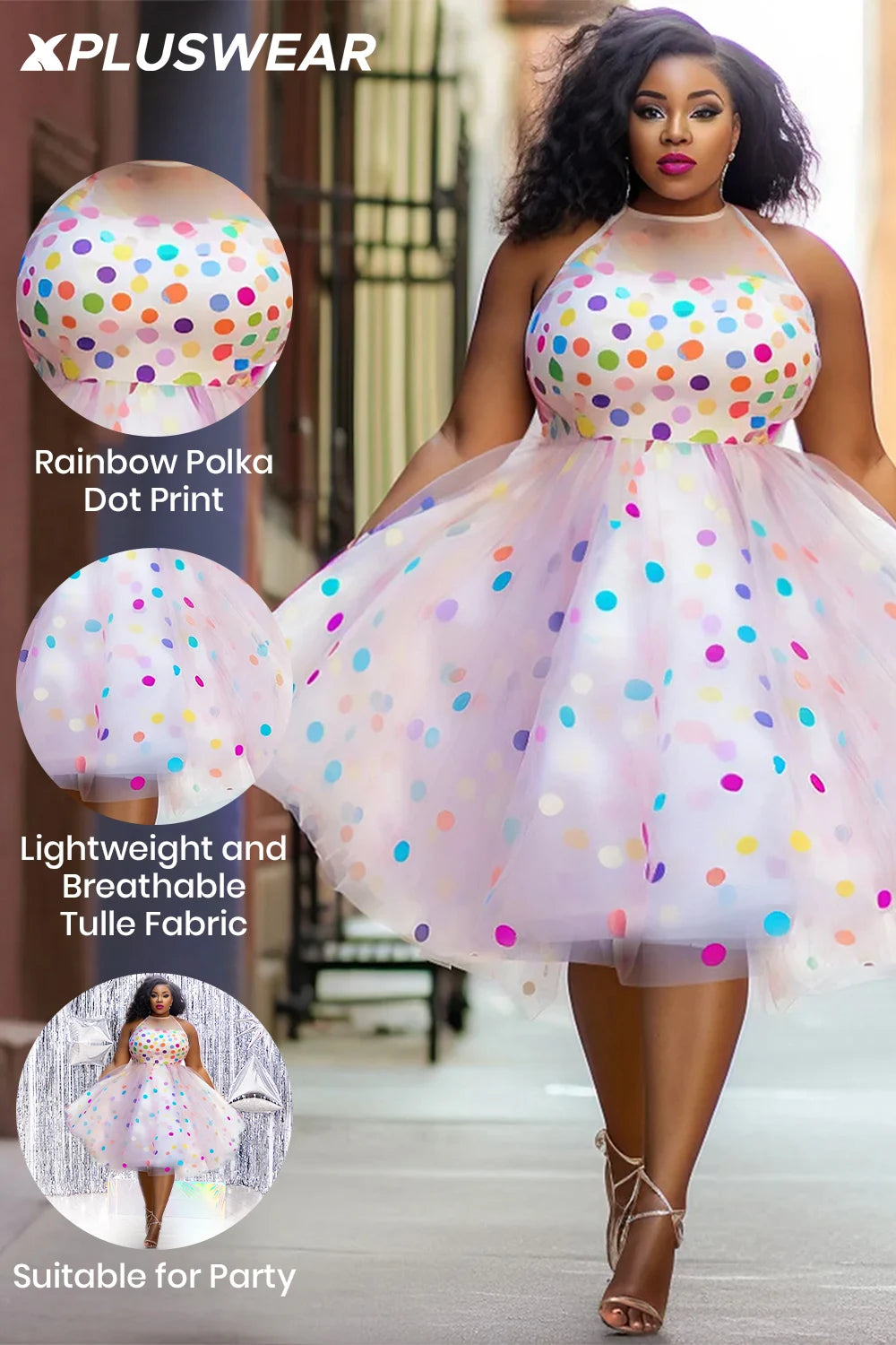 Plus Size Women's Party Pink Polka Dot Round Neck Tulle Midi Dresses