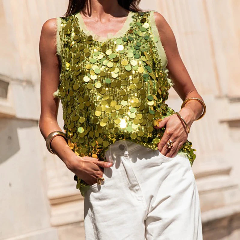 Fashion Women's Clothing Holiday Blouses Shiny Sequined Sleeveless Vest Top Summer Ladies O-neck Hollow Out Club Party T-shirt
