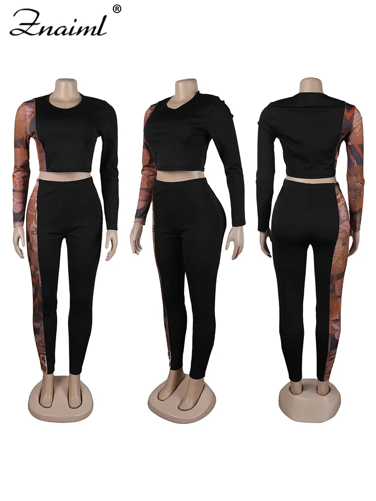 Znaiml Sexy Print Splicing Two Piece Sets Women O Neck Long Sleeve Crop Top and Pants Bodycon Matching Outfits Street Tracksuits